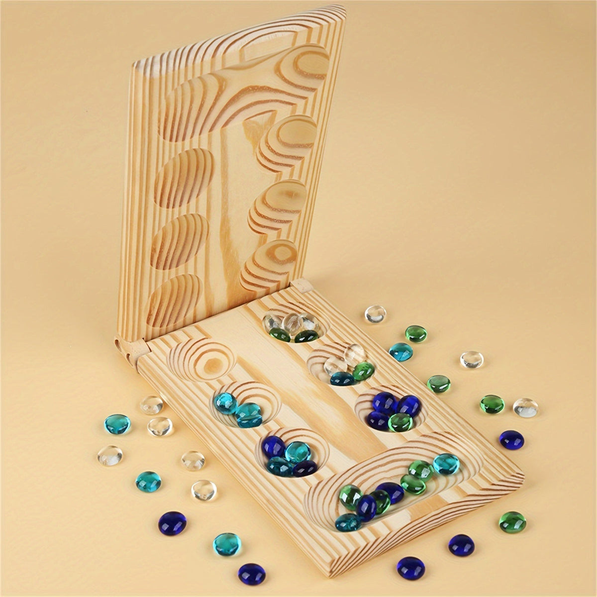 Mancala Travel Game | Deluxe Wooden Board with Glass Tiles