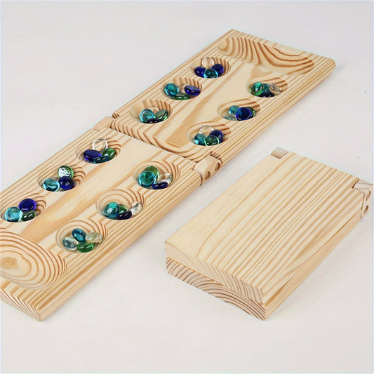 Mancala Travel Game | Deluxe Wooden Board with Glass Tiles