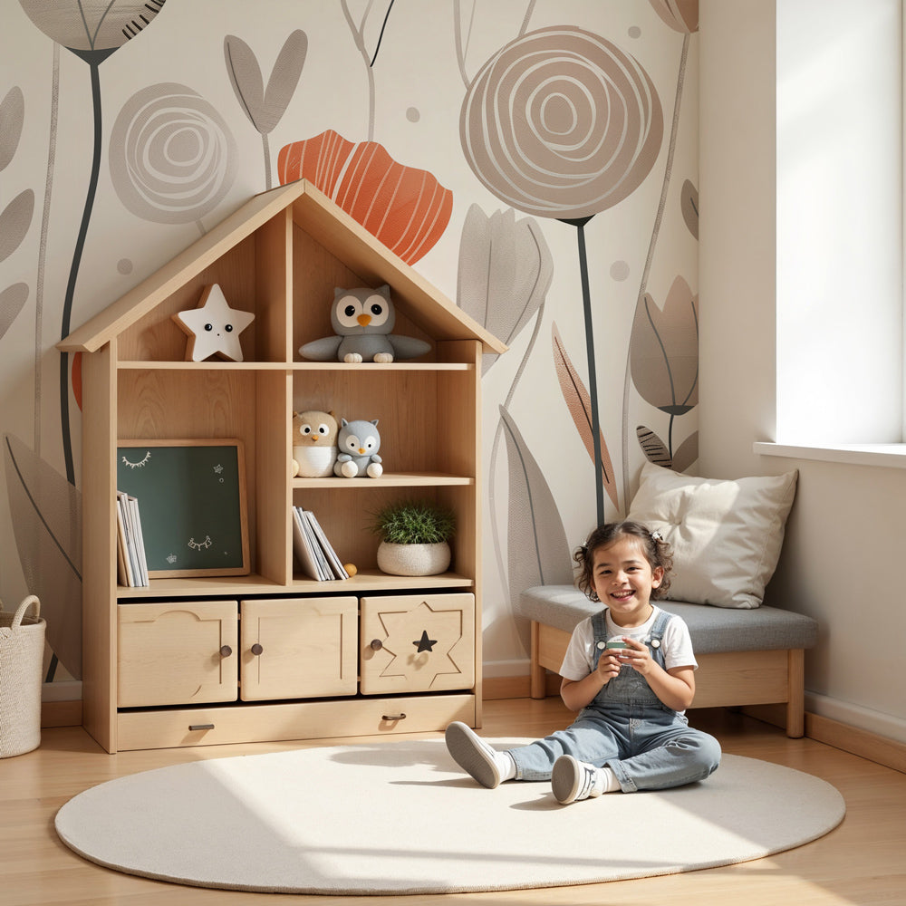 Abstract floral mural wallpaper in terracotta and beige tones decorating modern nursery by Kids-Mundo