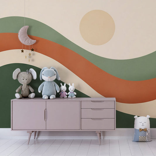 Kids-Mundo abstract wave wall mural made to measure covering a feature wall in a kids bedroom