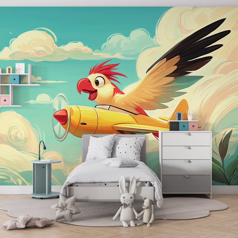 Bird pilot wallpaper creating magical aviation-themed children's bedroom decor with clouds