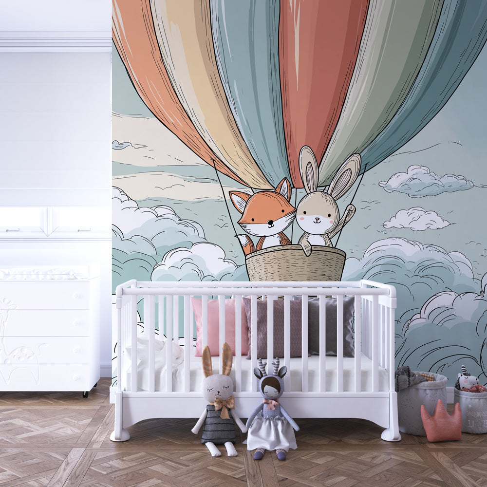 Hot air balloon wallpaper creating dreamy atmosphere in children's bedroom with cloud theme