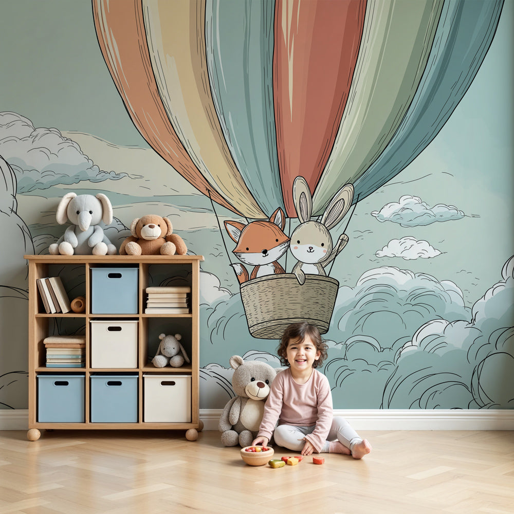 Adventure mural wallpaper with fox and rabbit in hot air balloon decorating modern nursery by Kids-Mundo