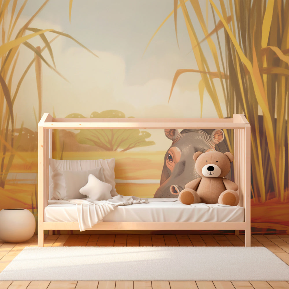 Safari hippo wallpaper transforming children's bedroom with warm earth tones and African wildlife theme