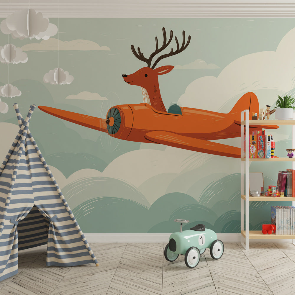 Sky-themed children's wallpaper creating magical aviation atmosphere in kids bedroom