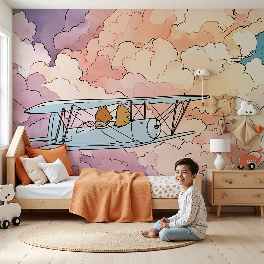 Airplane adventure mural wallpaper with flying animals in pastel clouds decorating modern nursery by Kids-Mundo