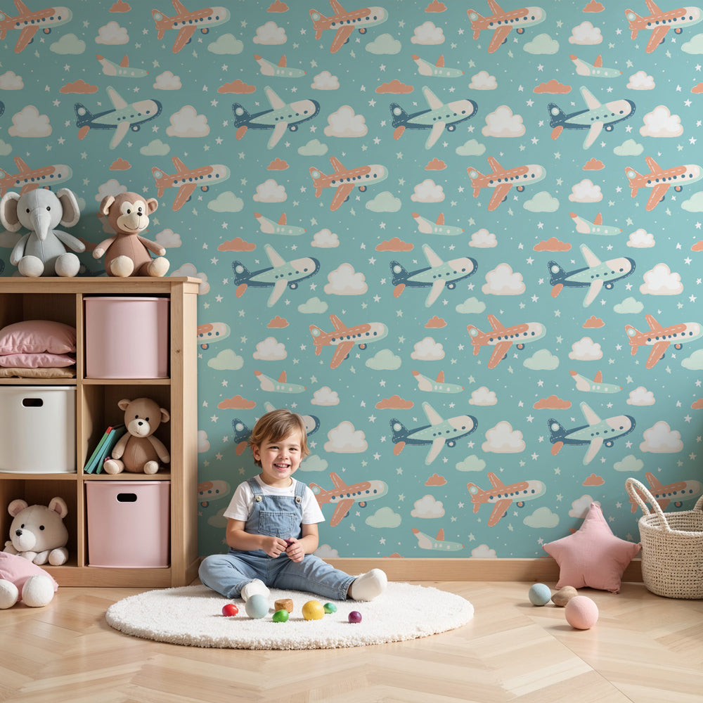 Colorful airplane mural wallpaper in modern nursery with blue skies and planes by Kids-Mundo