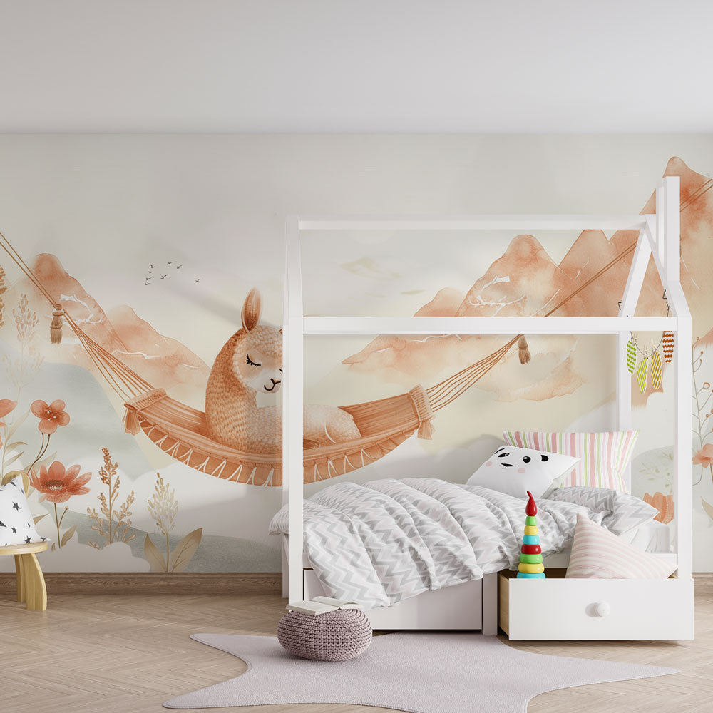 Pastel mountain alpaca wallpaper transforming modern baby bedroom into serene sanctuary