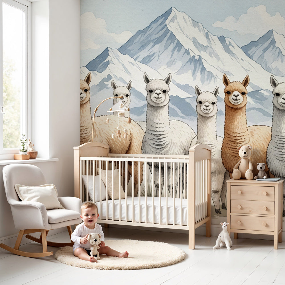 Alpaca mountain mural wallpaper in modern nursery with natural wood crib by Kids-Mundo