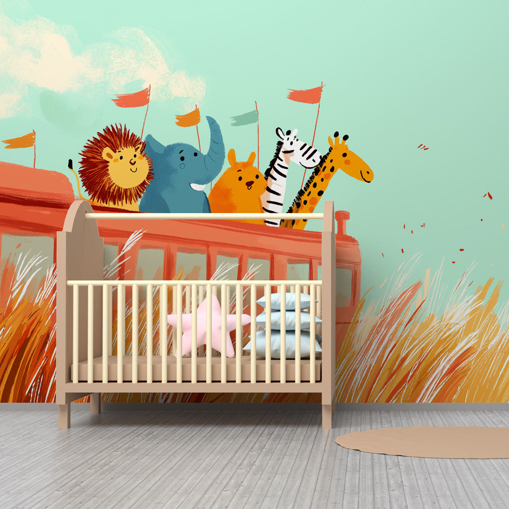 Safari animal train mural wallpaper creating magical kids bedroom decor atmosphere
