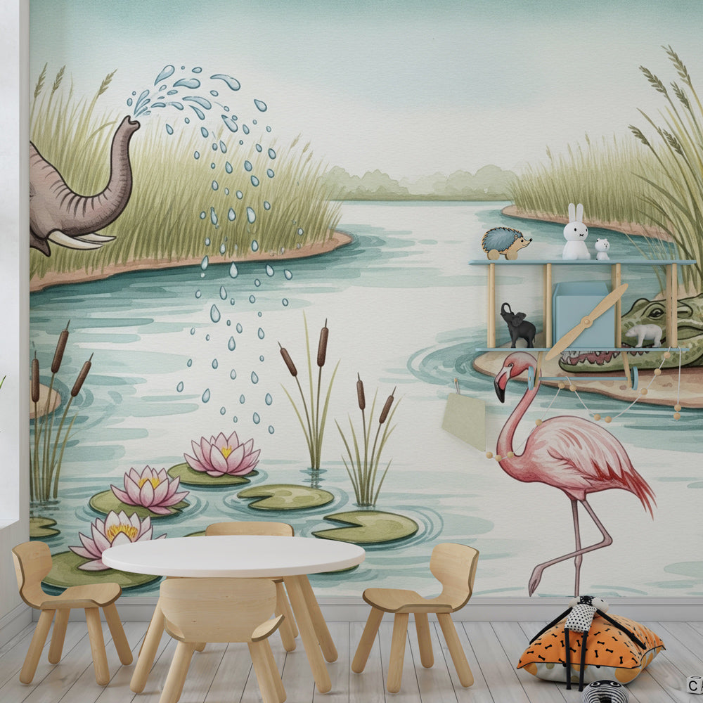 Waterside animal wallpaper with elephant and flamingo creating magical children's bedroom decor