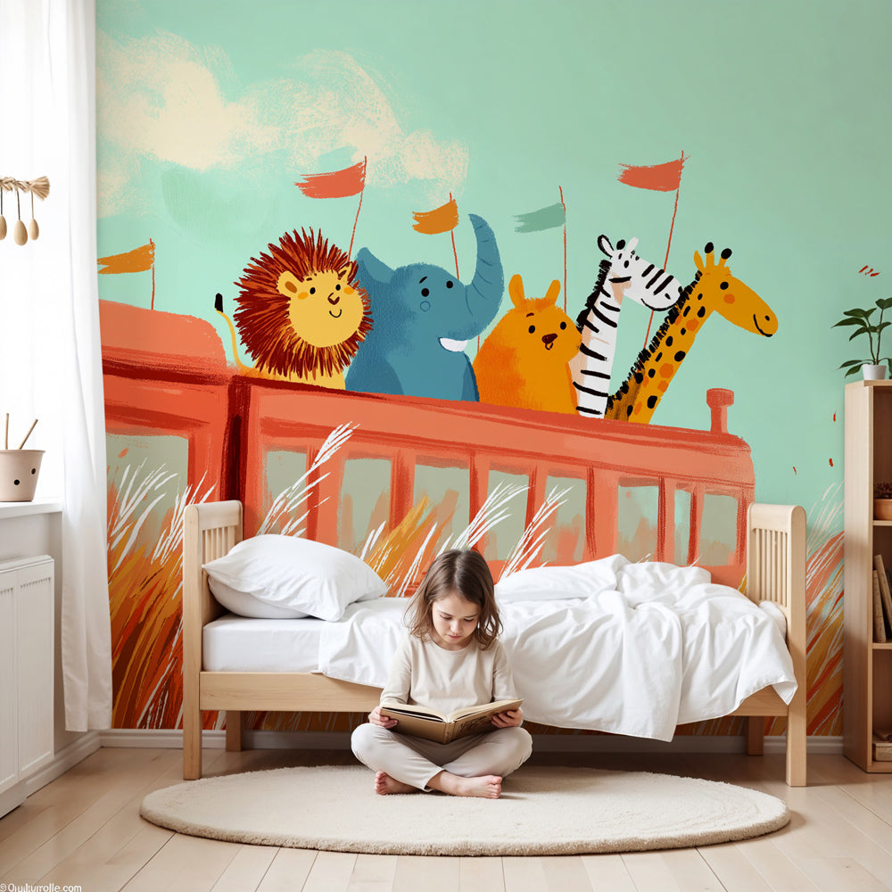 Animal adventure mural wallpaper in bright nursery with safari train theme by Kids-Mundo
