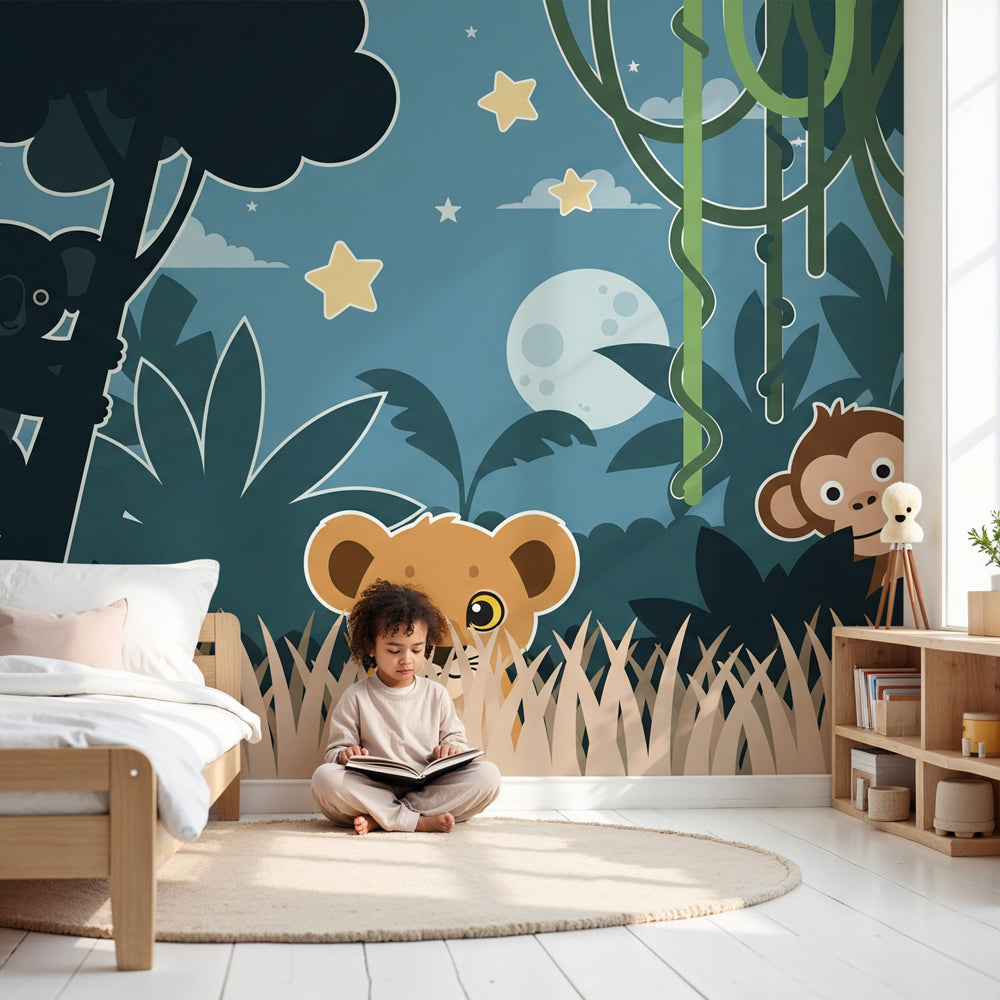Animal adventure mural wallpaper with moonlit safari theme in modern kids nursery by Kids-Mundo