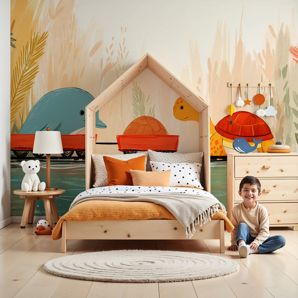 Animal adventure mural wallpaper with dolphin and turtle in modern nursery room by Kids-Mundo