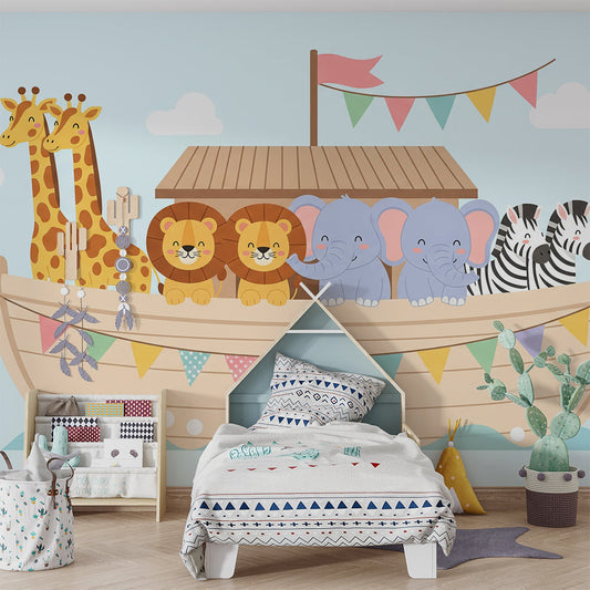 Kids-Mundo Noah's ark wall mural styled in a playful children's bedroom