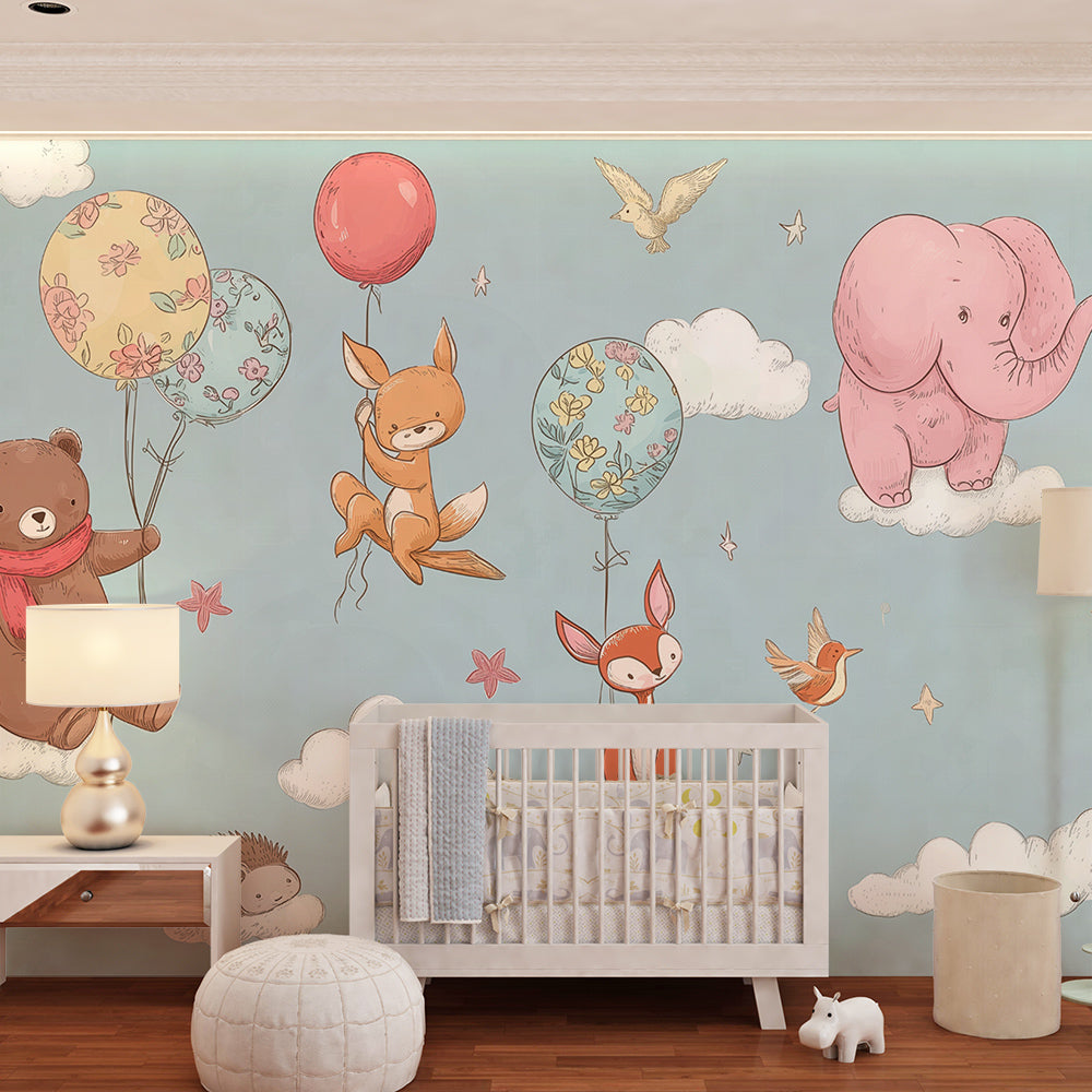 Dreamy animal balloon wallpaper creating magical atmosphere in children's bedroom with soft pastel colors