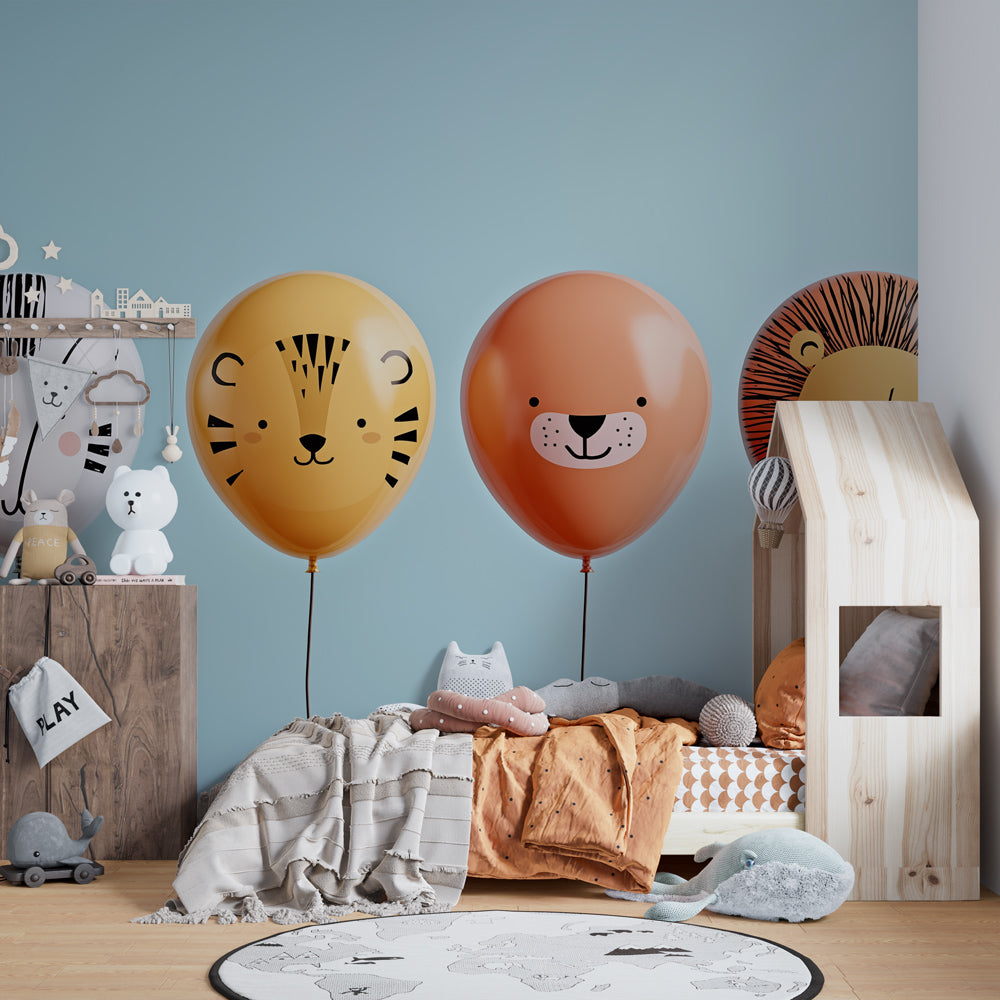 Colorful animal balloon wallpaper creating joyful kids bedroom decor with floating animal friends