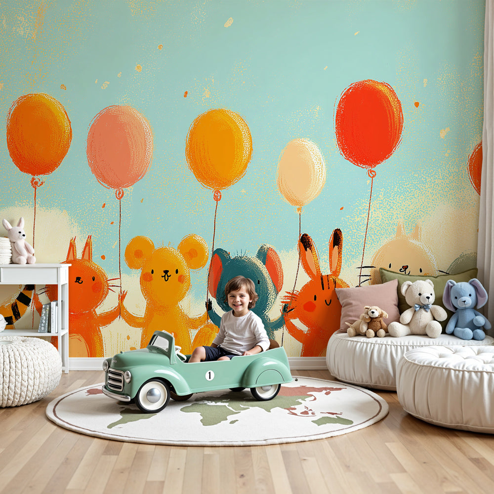 Animal balloon mural wallpaper creating festive atmosphere in bright children's nursery by Kids-Mundo