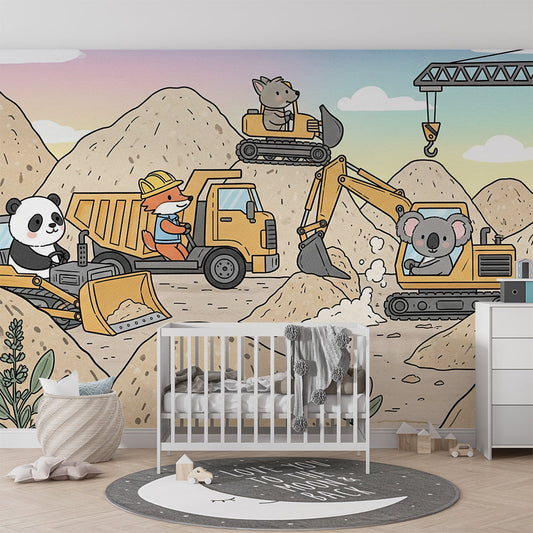 Kids-Mundo animal construction site wall mural on a feature wall in a lively kids bedroom