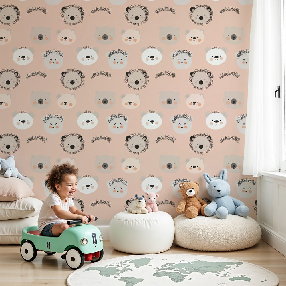 Animal faces mural wallpaper with pink background in modern nursery by Kids-Mundo