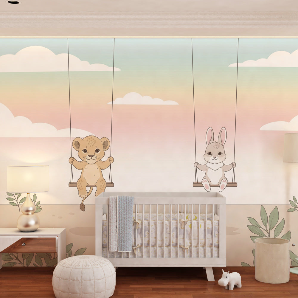 Lion cub and bunny swing wallpaper creating serene atmosphere in children's bedroom