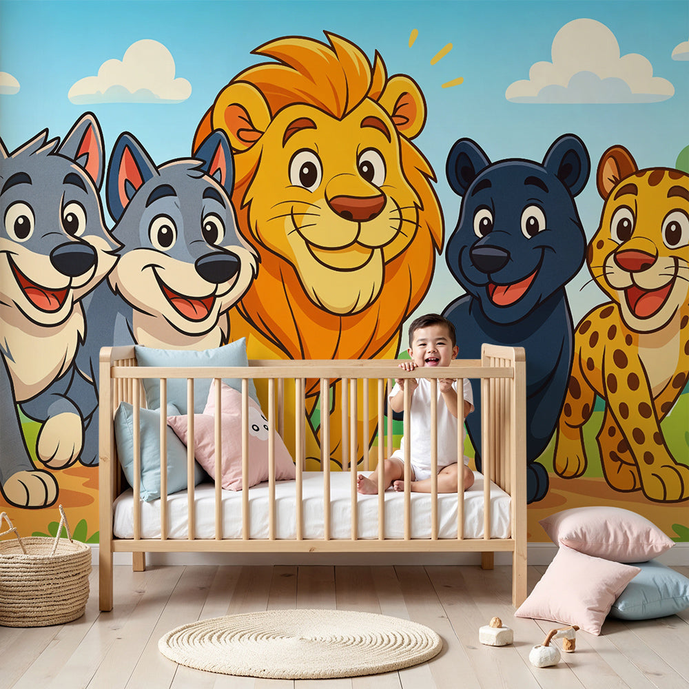 Safari animal friends mural wallpaper in bright nursery room with yellow accents by Kids-Mundo