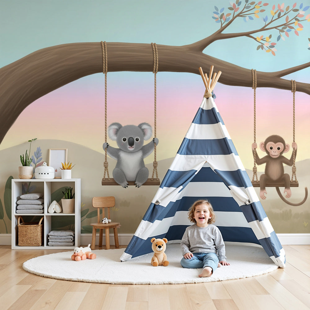 Animal friends mural wallpaper featuring koala and monkey on swings in modern nursery by Kids-Mundo