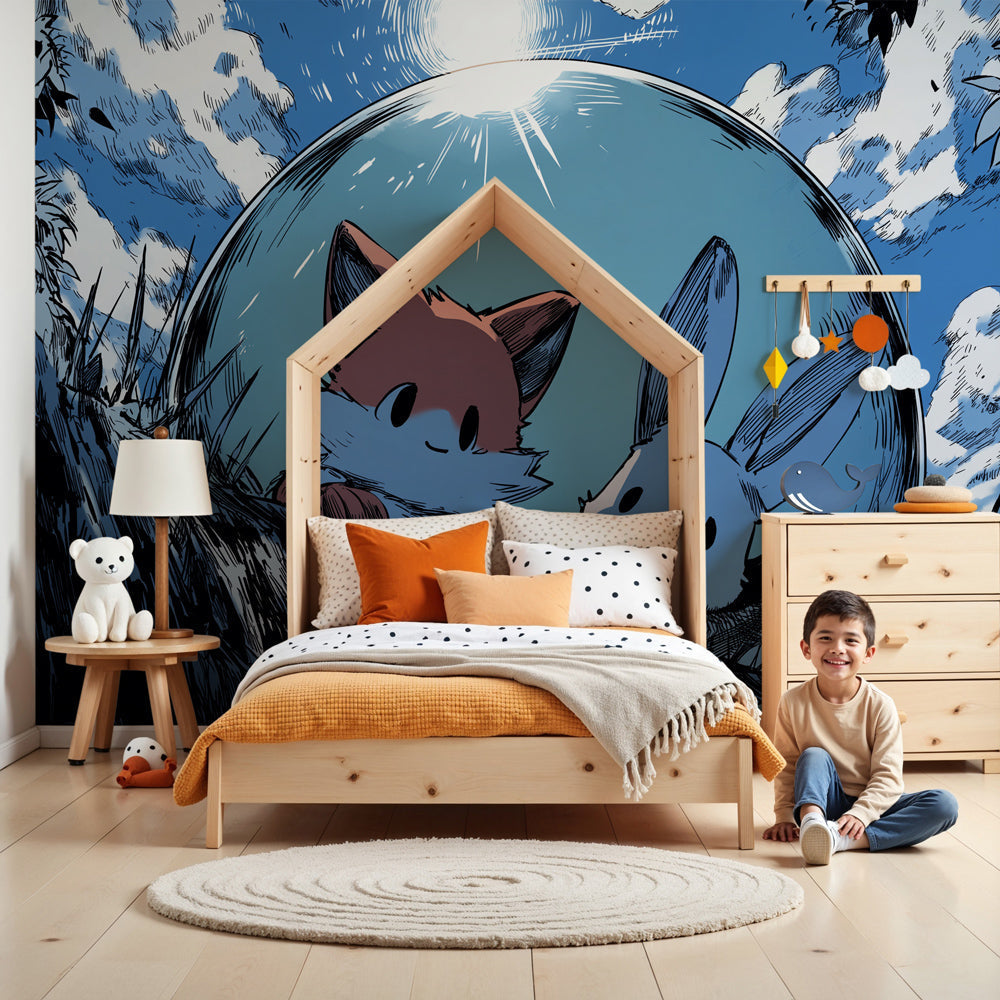 Animal friends fox and rabbit mural wallpaper in magical blue nursery by Kids-Mundo