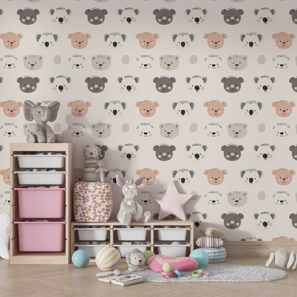 Pastel animal wallpaper creating cozy atmosphere in children's bedroom with wooden furniture