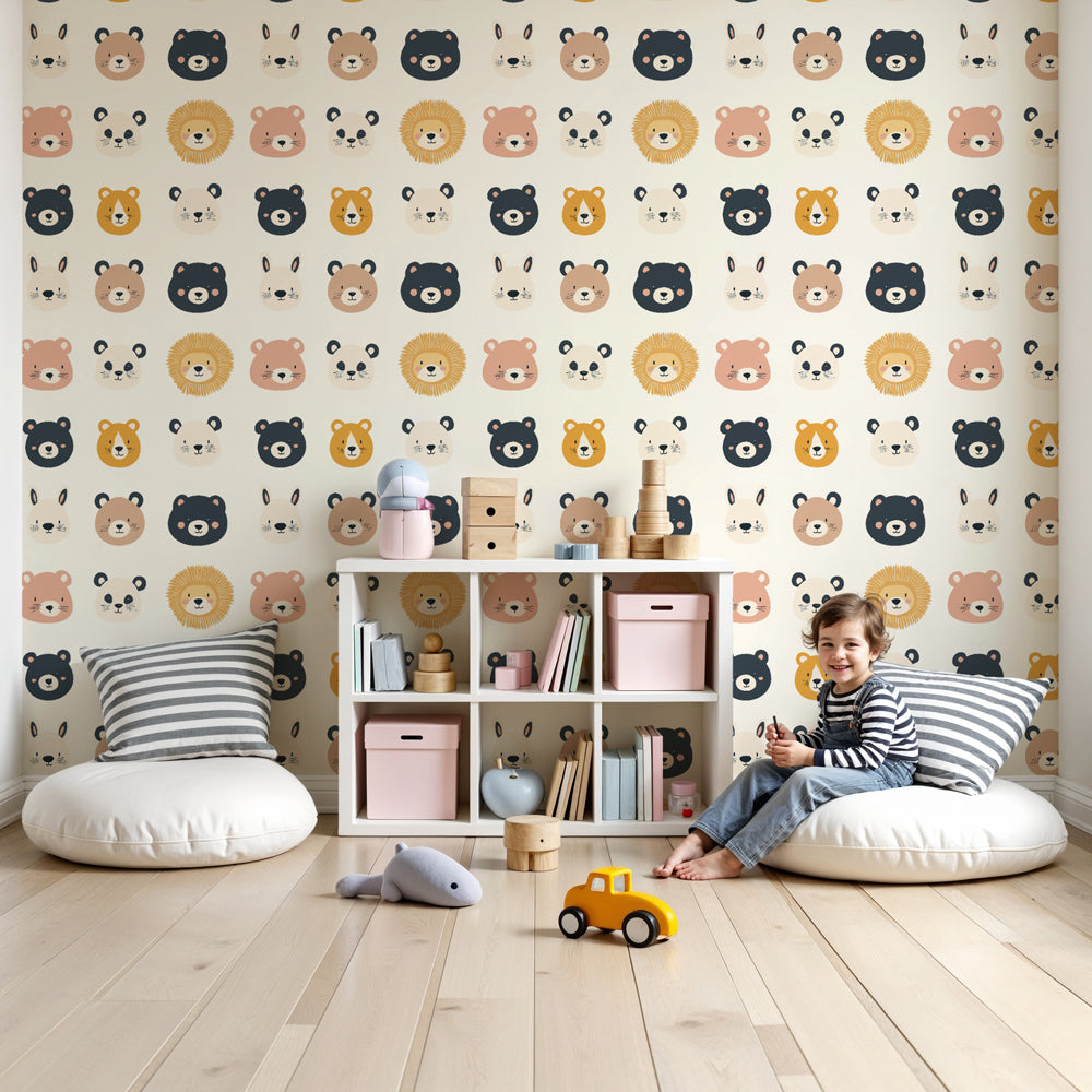 Animal heads mural wallpaper in modern nursery with safari bears and lions by Kids-Mundo