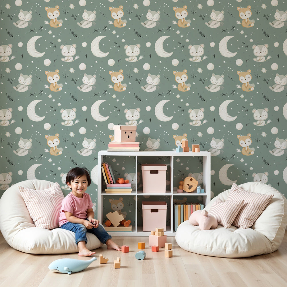 Animal moon mural wallpaper with sleeping forest friends in cozy nursery by Kids-Mundo
