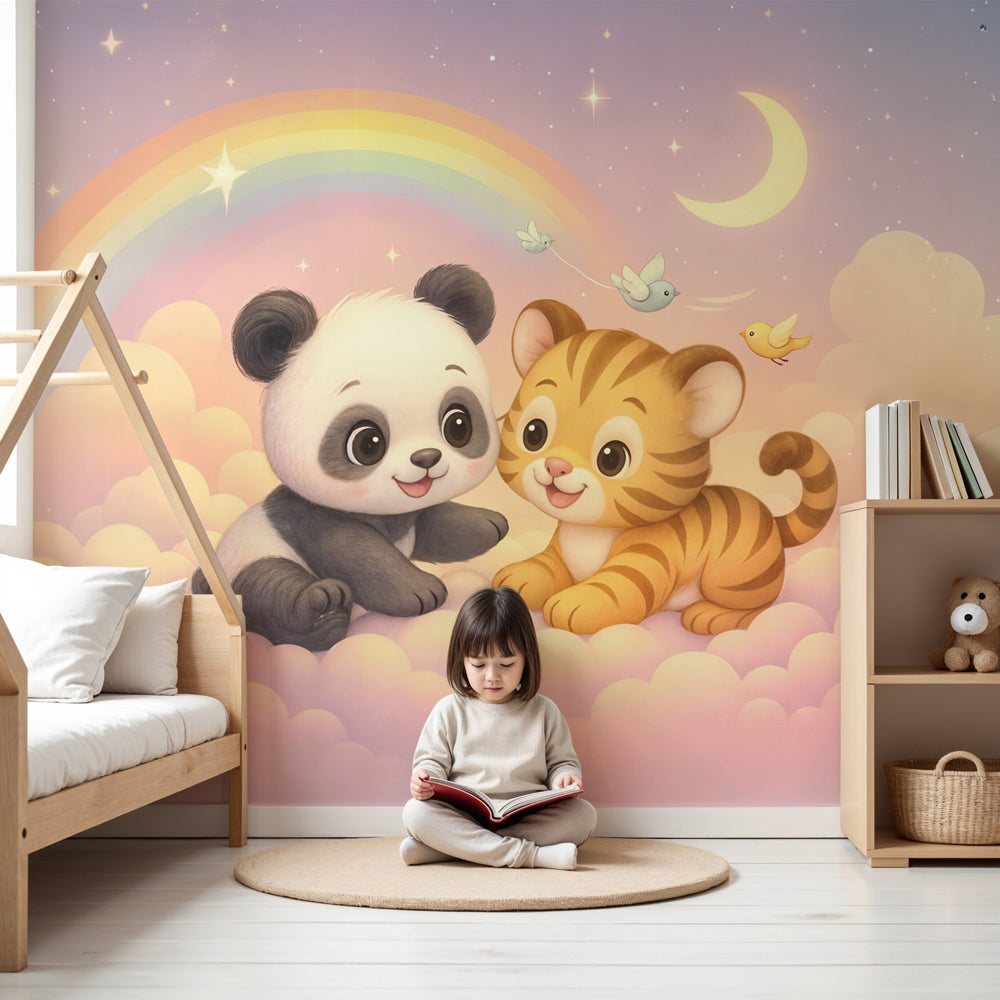 Panda and tiger animal mural wallpaper creating magical nursery decor with rainbow and cloud theme by Kids-Mundo