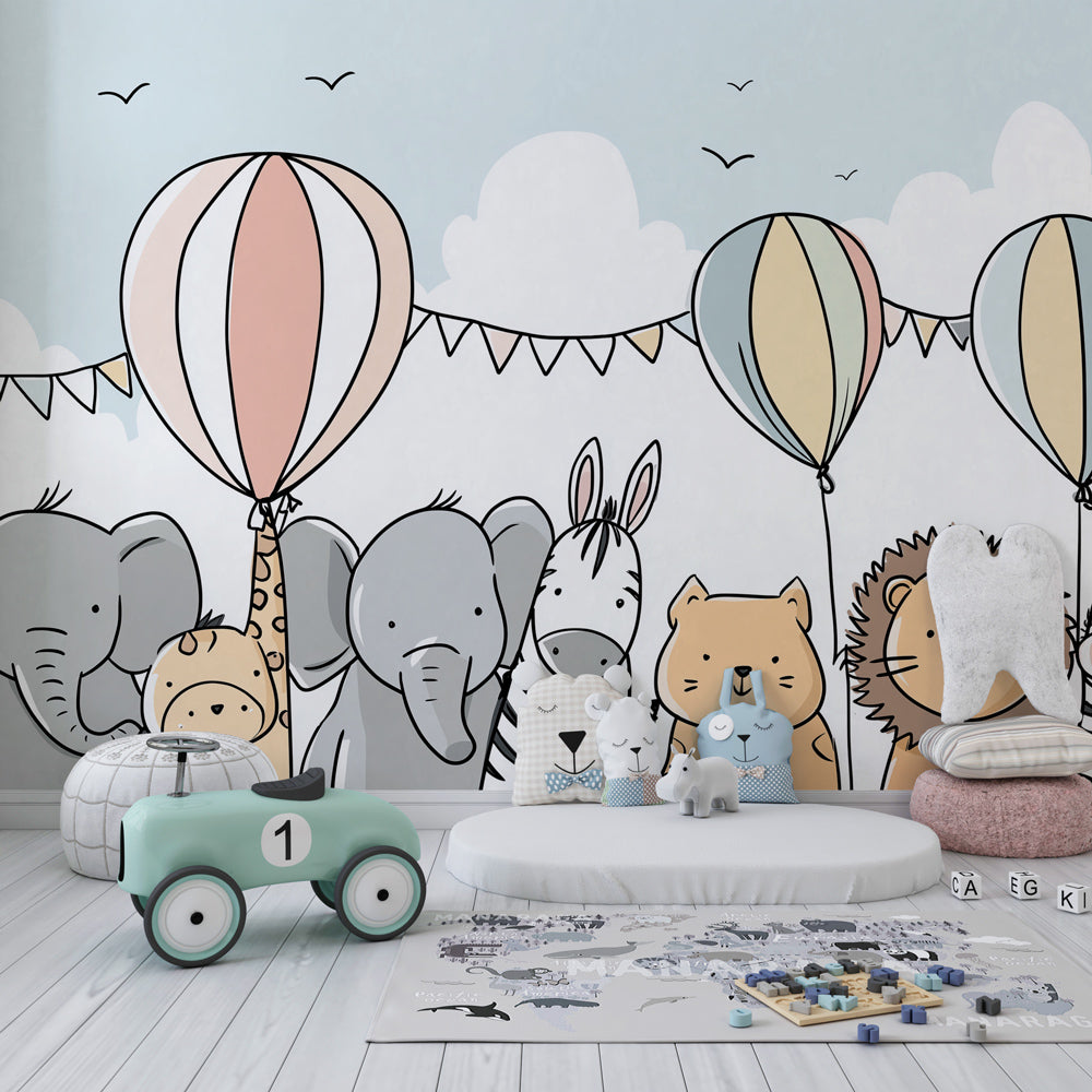 Elephant and zebra balloon wallpaper creating joyful atmosphere in children's bedroom decor