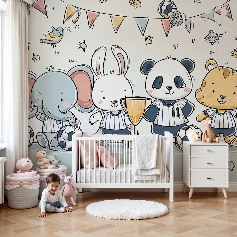 Animal soccer mural wallpaper featuring pandas and elephants in colorful kids playroom by Kids-Mundo