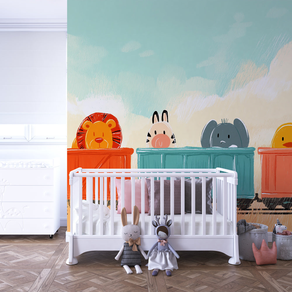 Colorful safari train wallpaper creating playful kids bedroom atmosphere by Kids-Mundo