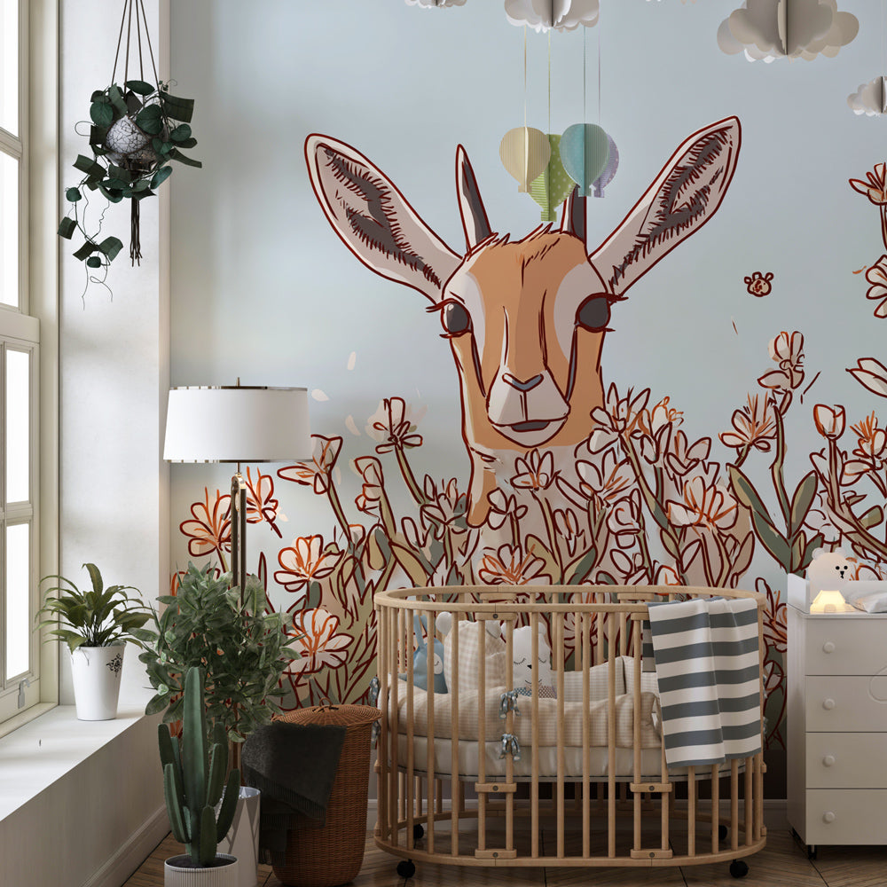 Children's bedroom featuring antelope meadow mural wallpaper with natural wood furniture