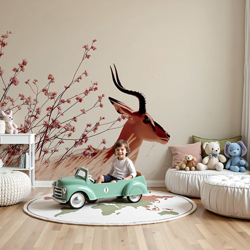 Elegant antelope mural wallpaper in modern baby nursery with natural wood crib by Kids-Mundo