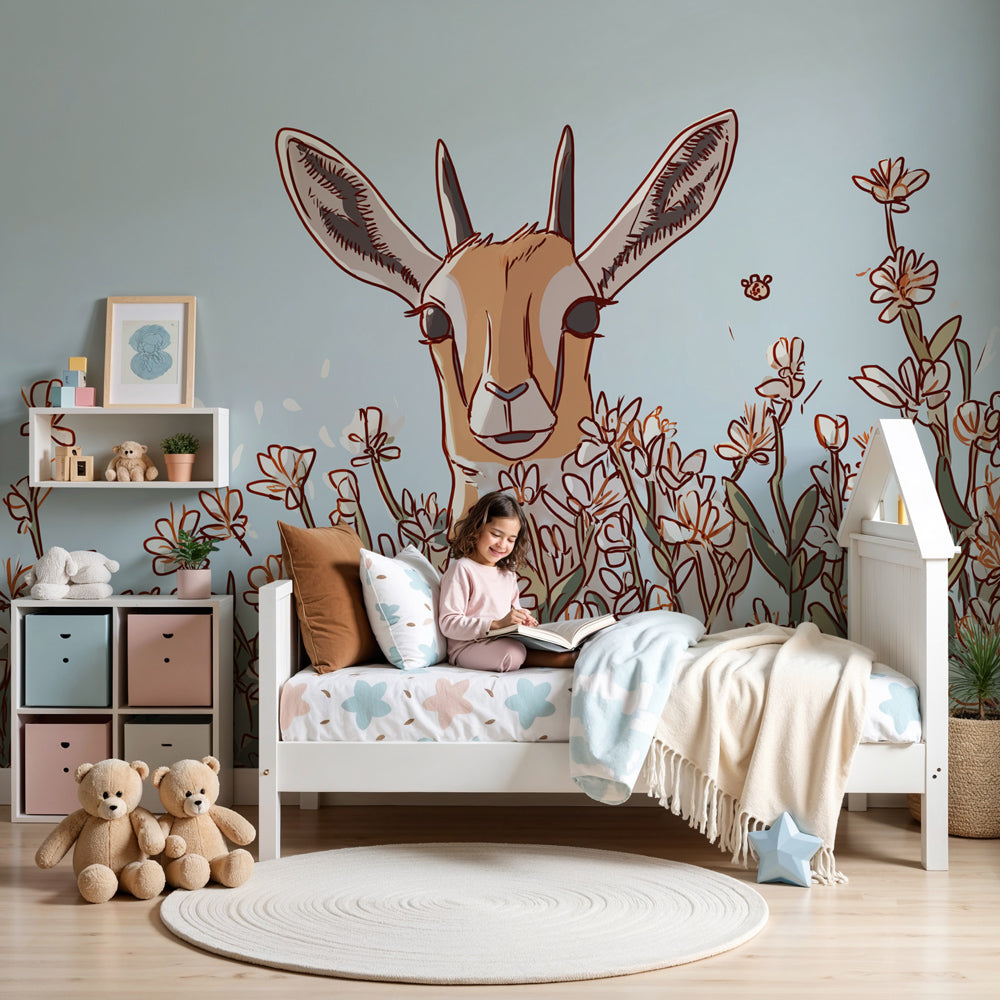 Antelope floral mural wallpaper in modern nursery room setting by Kids-Mundo