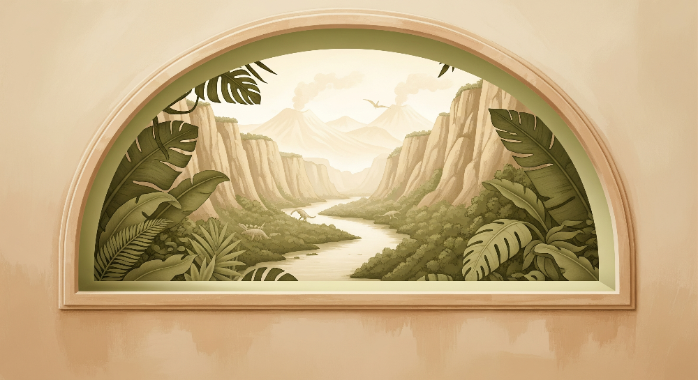 Kids-Mundo flat artwork of an arched window looking over a hazy dinosaur canyon