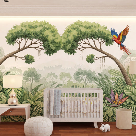 Kids-Mundo tropical macaw jungle wall mural covering a feature wall in a kids bedroom.