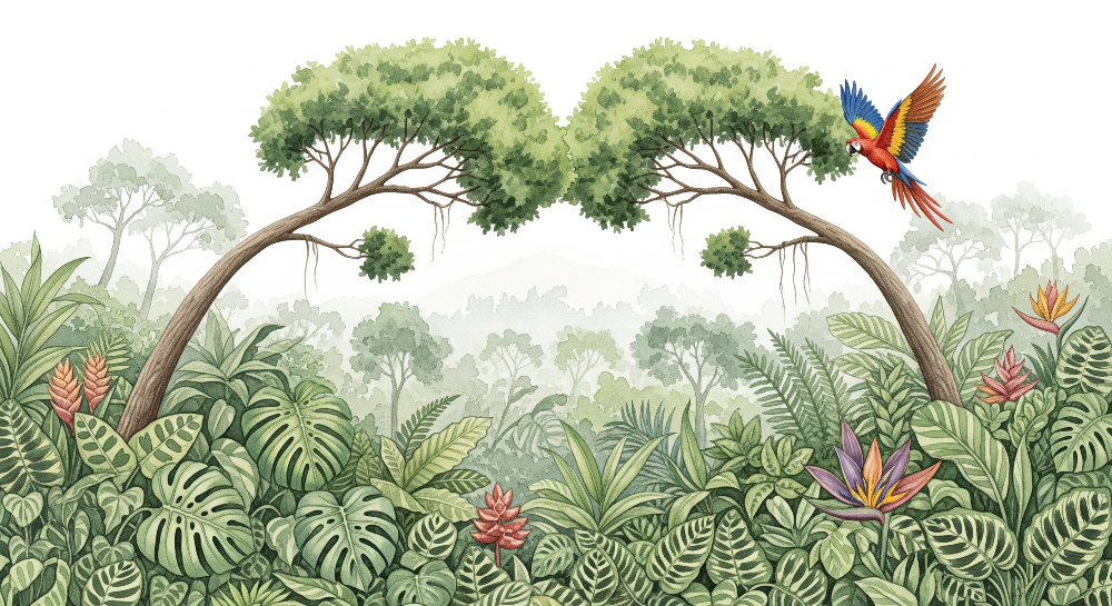 Kids-Mundo flat artwork of a macaw and arching tropical trees wall mural design with flowers.