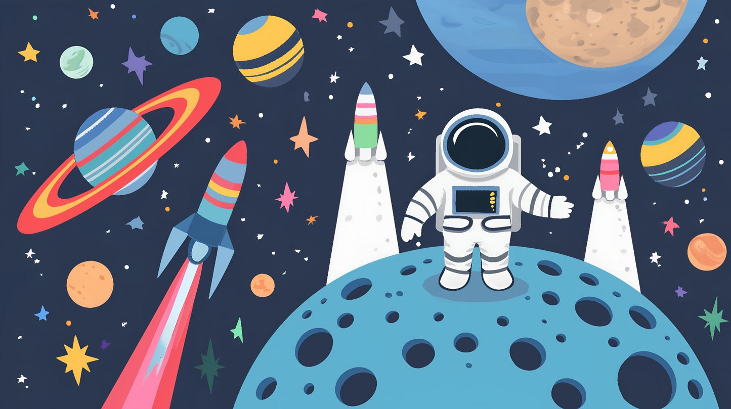 Kids-Mundo flat artwork of an astronaut standing on the moon among rockets and colourful planets