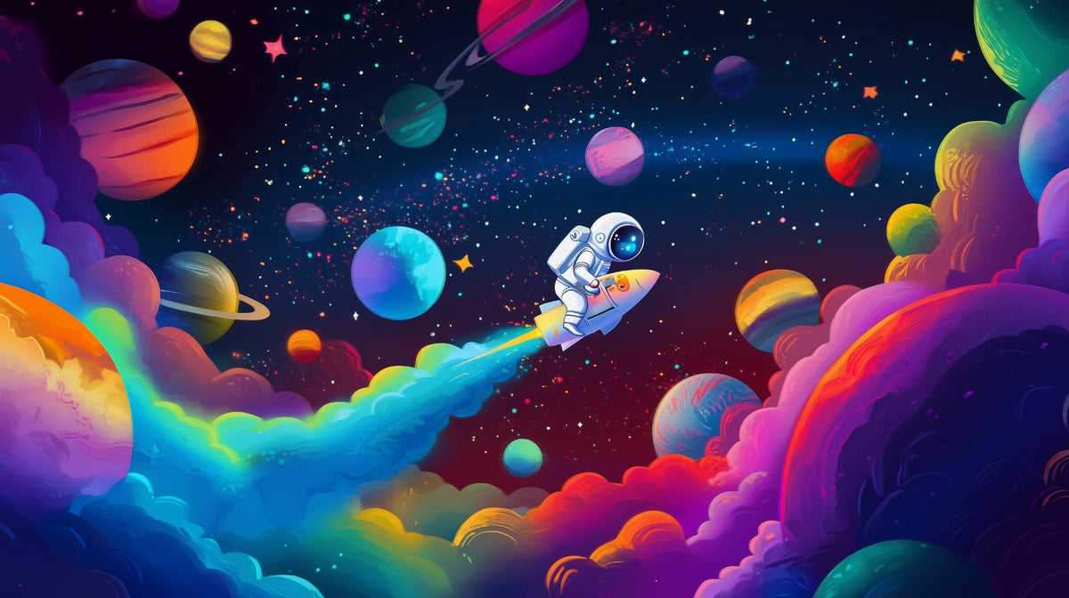 Astronaut Rocket Rainbow Space Wall Mural