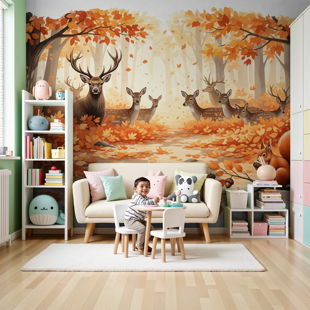 Autumn forest mural wallpaper with woodland animals in cozy baby nursery by Kids-Mundo