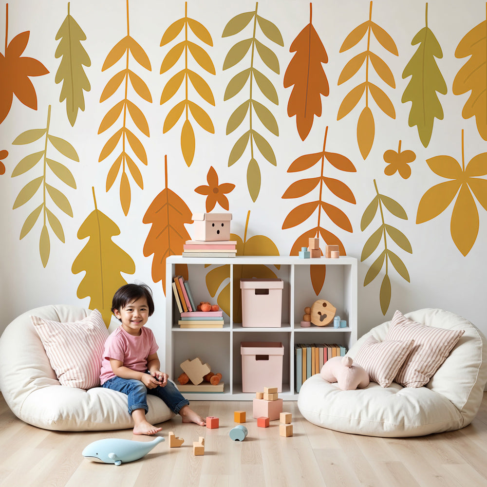 Autumn leaves mural wallpaper in modern nursery with natural wood crib by Kids-Mundo