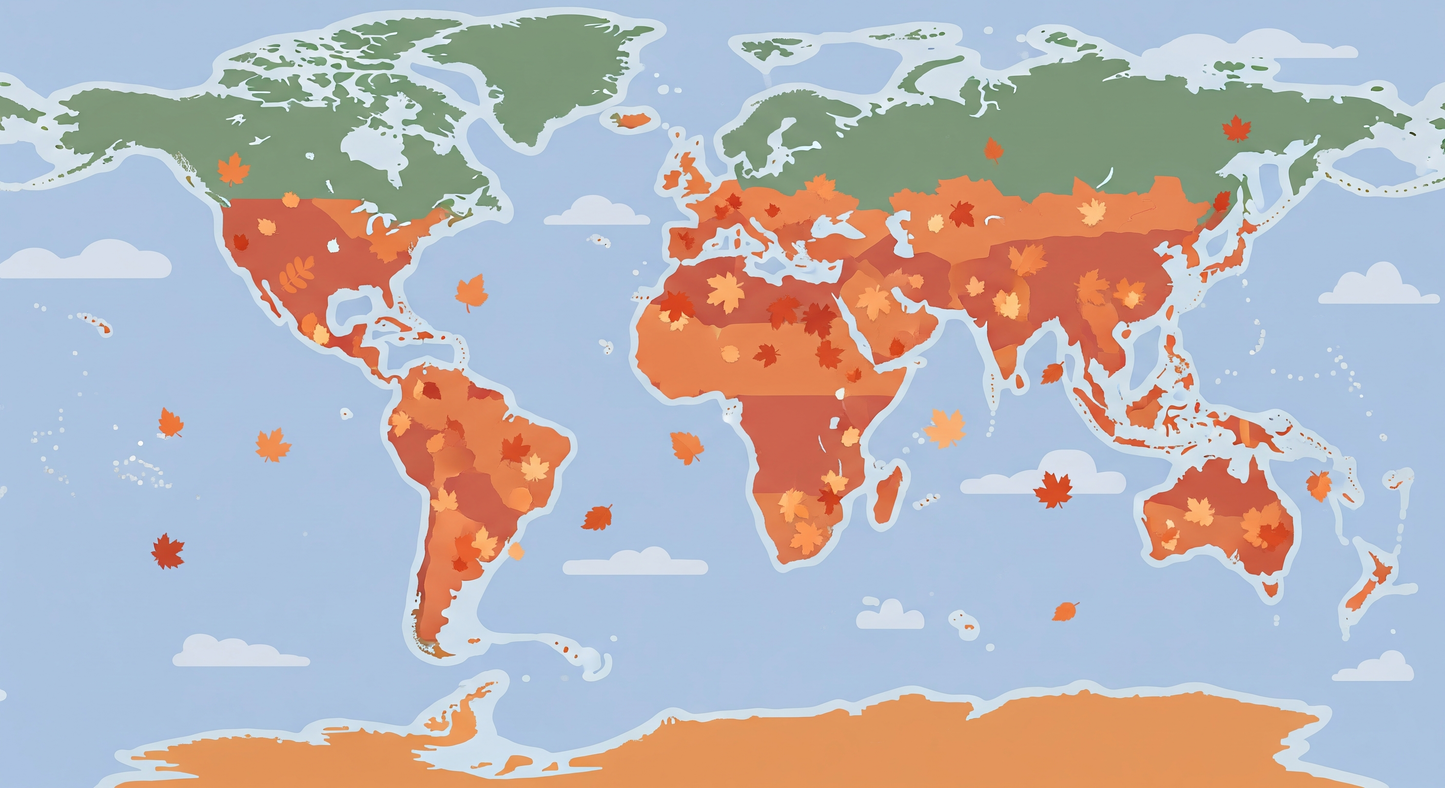 Kids-Mundo flat artwork of a warm-toned world map scattered with autumn leaves