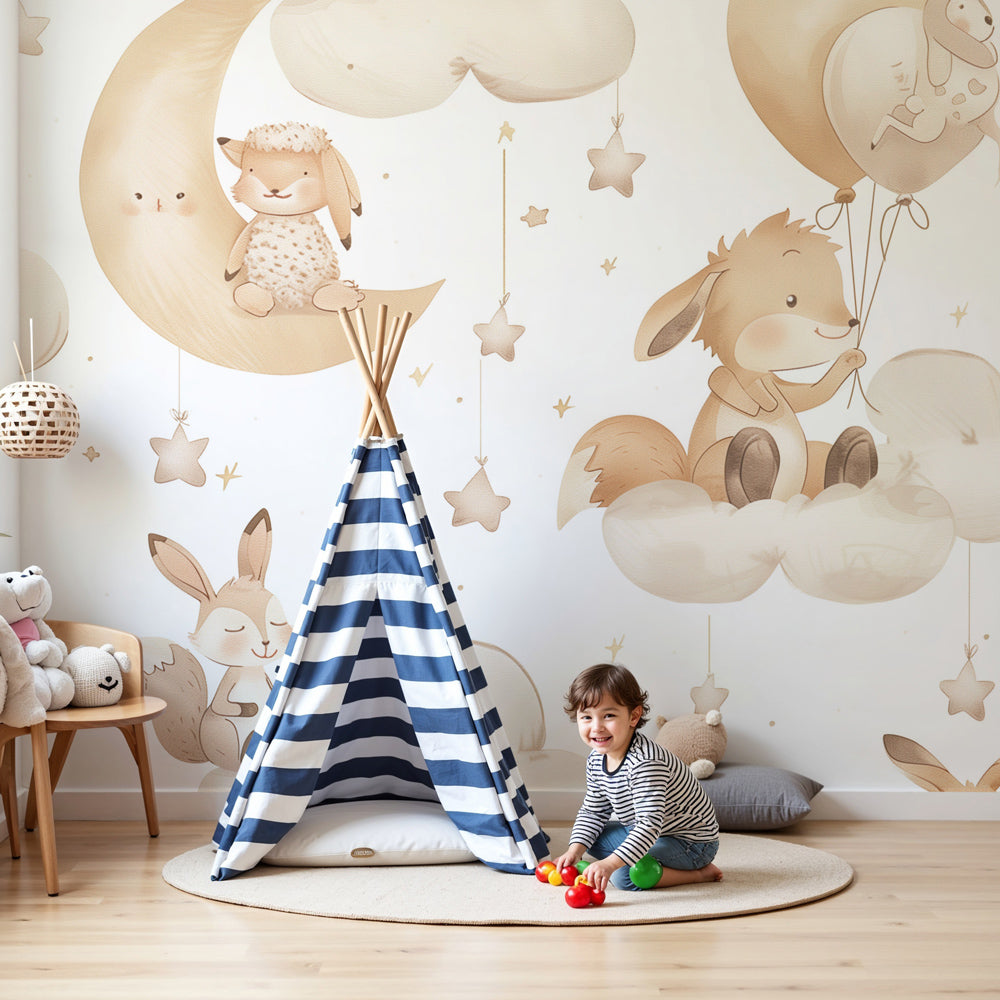 Baby animals mural wallpaper creating serene nursery atmosphere with clouds and stars by Kids-Mundo