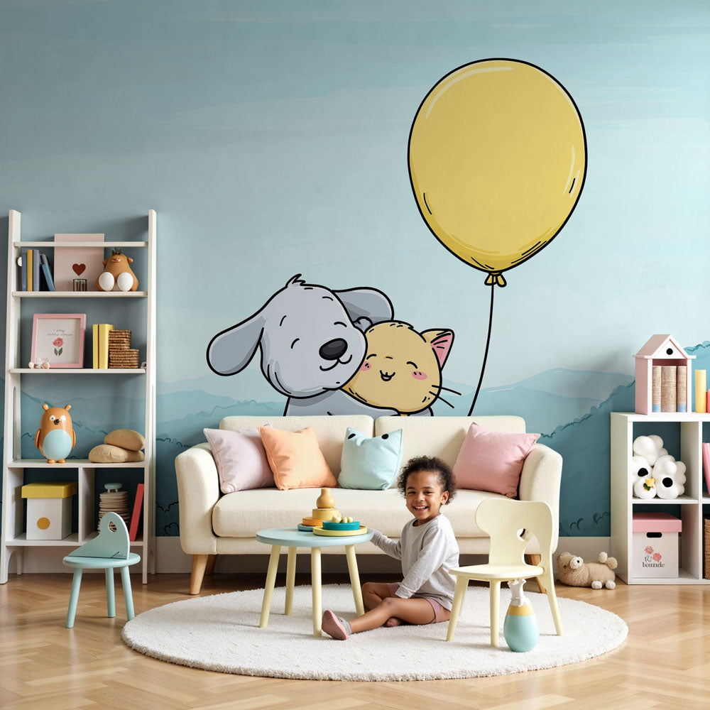 Baby animals mural wallpaper with puppy and kitten in modern nursery room by Kids-Mundo
