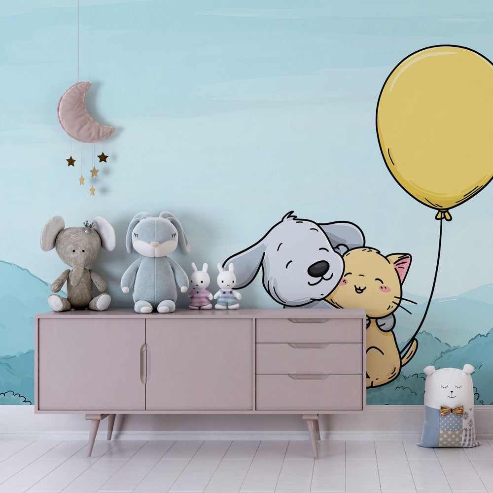 Puppy cat friendship wallpaper creating cozy toddler bedroom decor with mountain backdrop