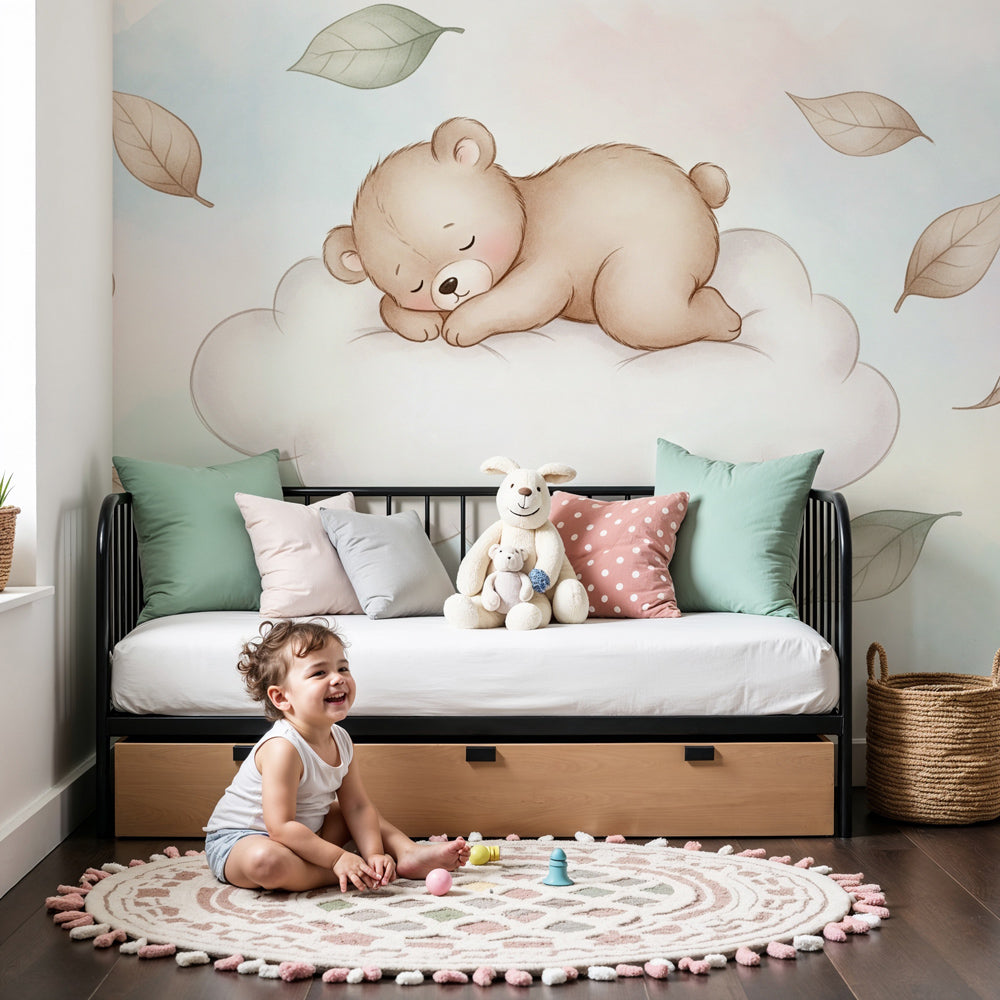 Baby bear sleeping on cloud mural wallpaper in peaceful nursery by Kids-Mundo
